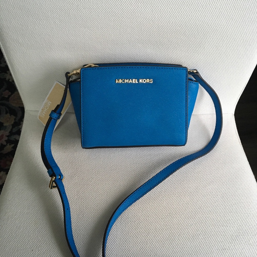 NWT Michael Kors mini Selma messenger leather bag heritge blue